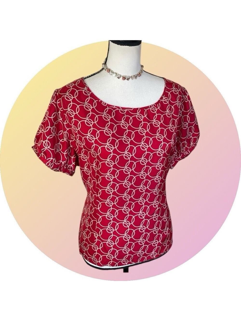 BARRIE PACE Ruby Red Tan Silk Short Sleeve Fitted Blouse Womens 18 2X Plus Top